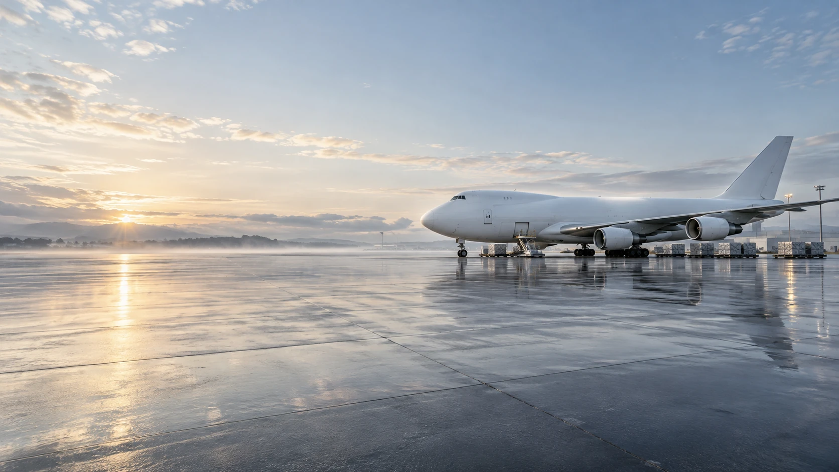 White widebody freighter parked far RIGHT on vast airport apron, side profile nose facing left, luminous early mist, left 60 percent clean wet tarmac reflecting pale sky.