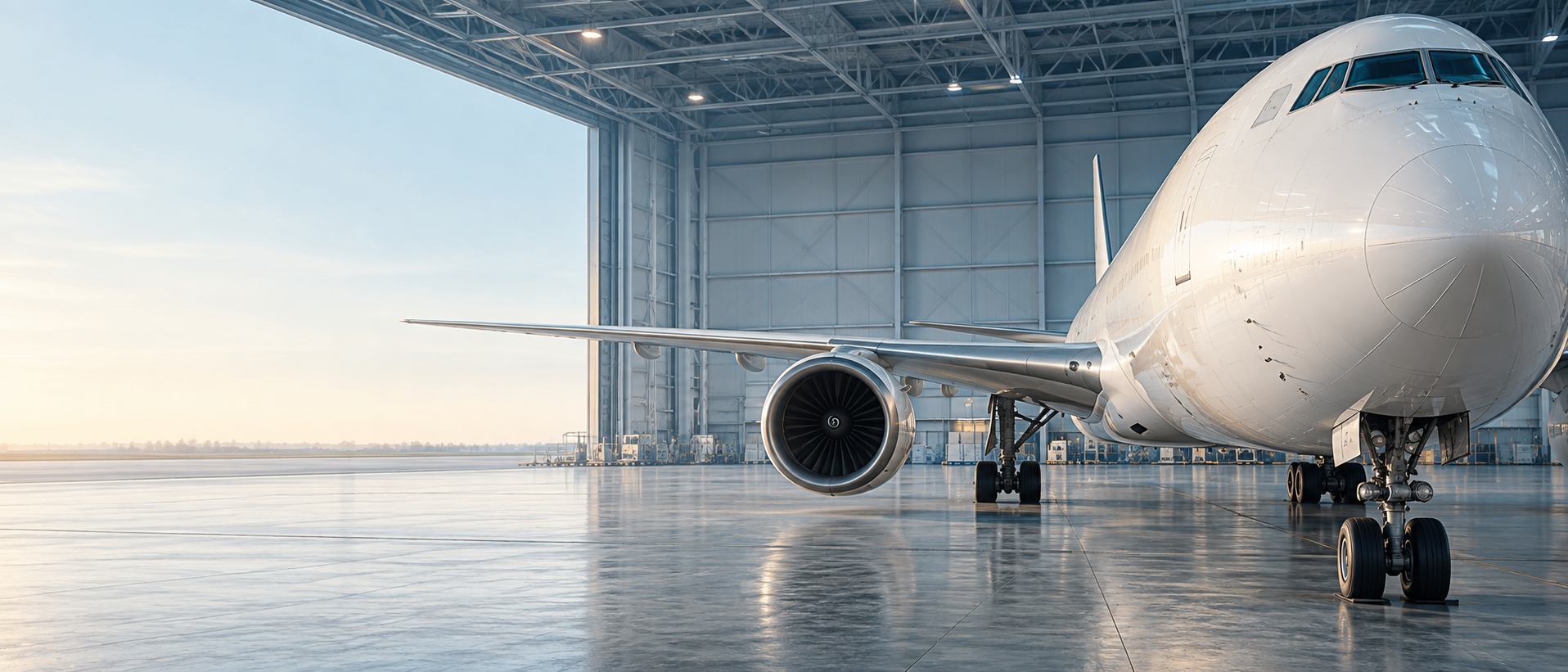 Close wide angle of freighter nose and cockpit on far right, curved ivory fuselage, broad quiet pale-blue hangar interior stretching empty to left, carefully controlled daylight.