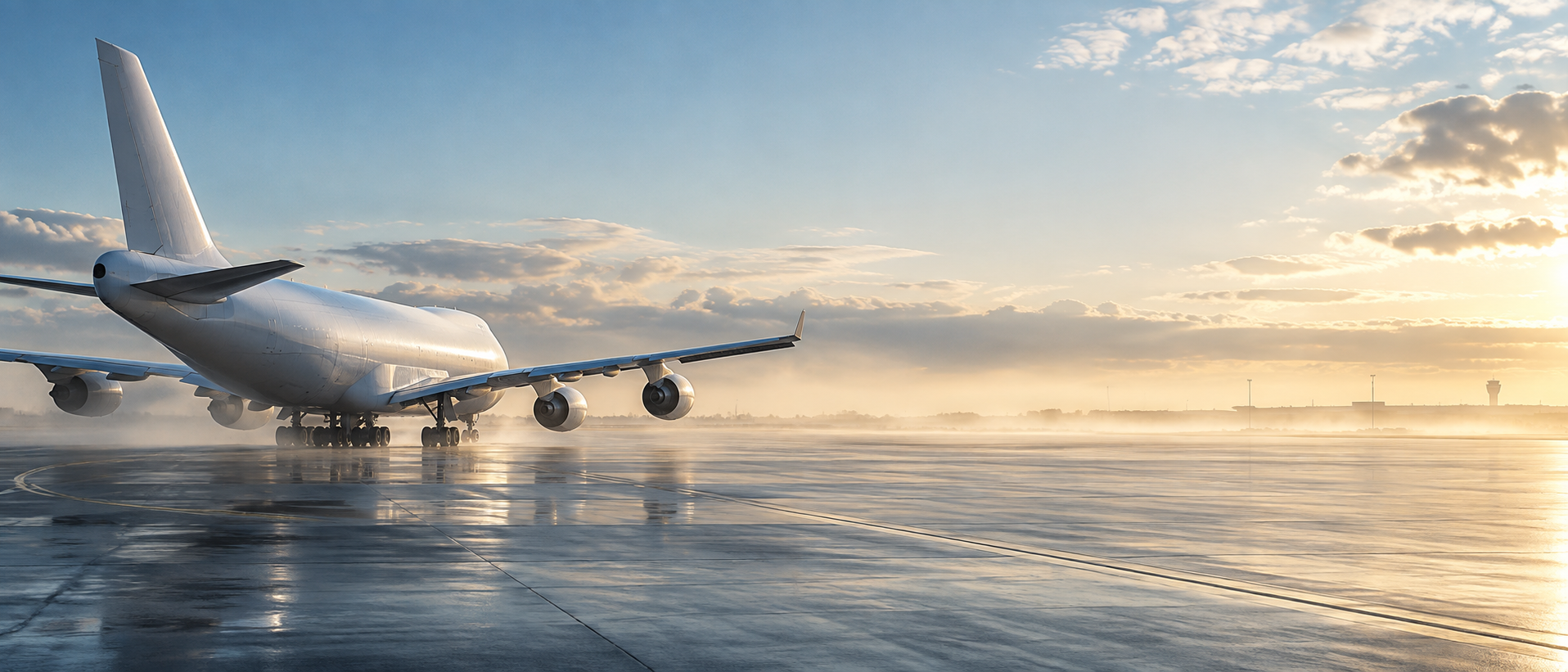 Freighter on LEFT taxiing away into morning mist, right 60 percent clear apron's silver reflection and sky, long clean horizontal lines.