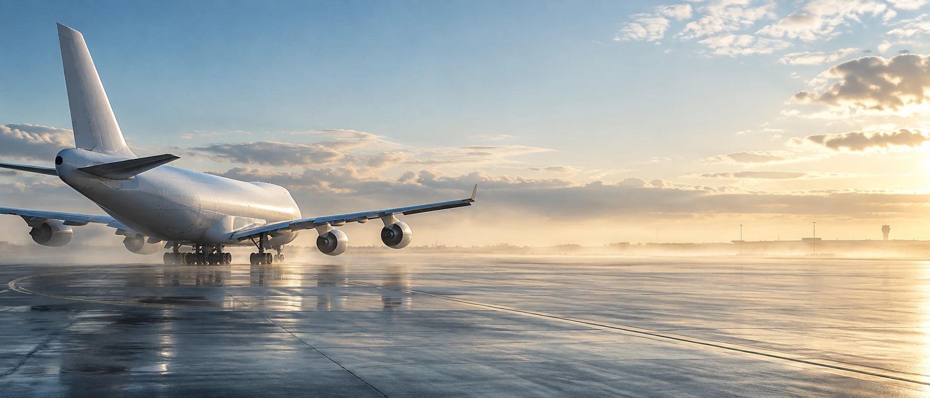 Freighter on LEFT taxiing away into morning mist, right 60 percent clear apron's silver reflection and sky, long clean horizontal lines.