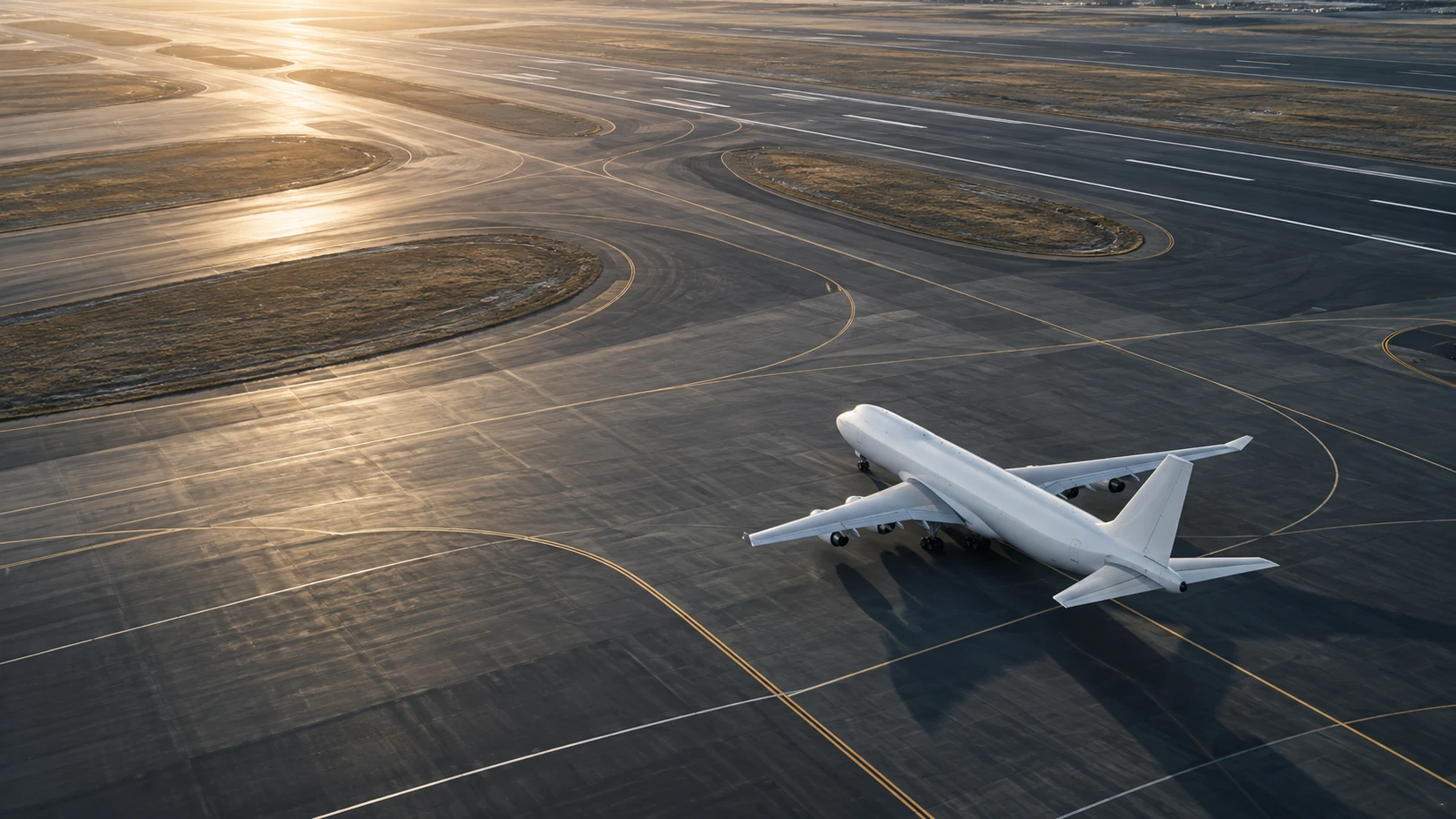 Very high aerial view of one white cargo jet amid immense runway and taxiway geometries, washed charcoal, white lane marks without readable numbers, warm sunlight, spare composition.