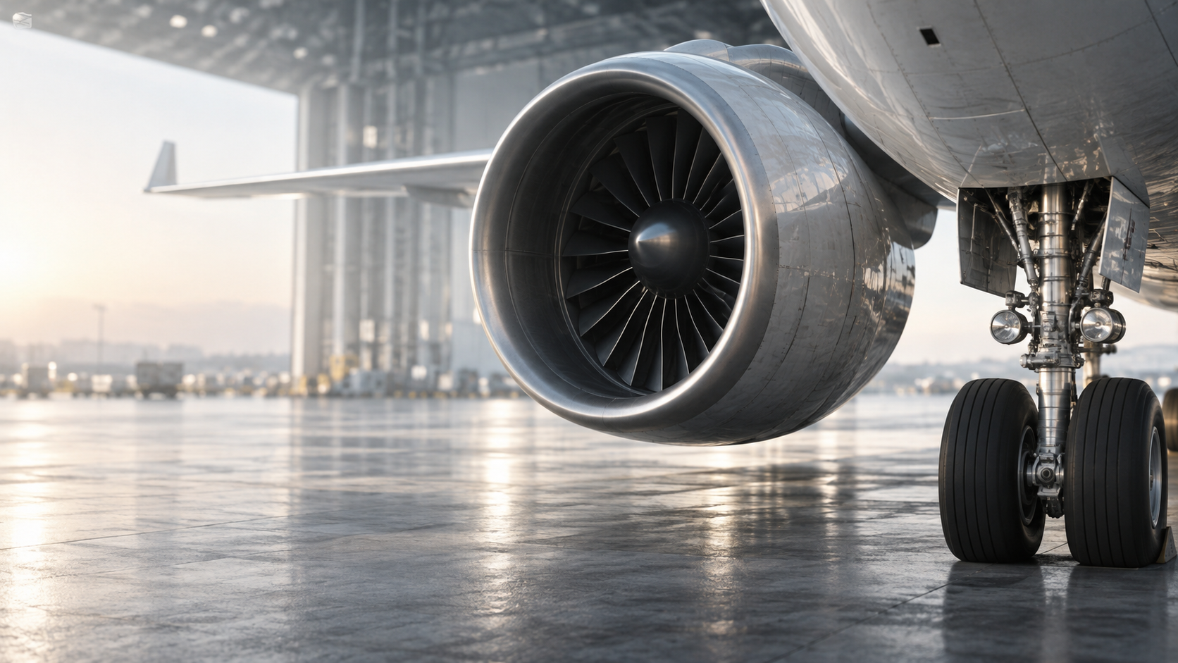 Close detail of a large jet engine nacelle and front landing gear on right, brushed metal, subtle reflections, left dissolving into luminous gray hangar blur, realistic machinery.