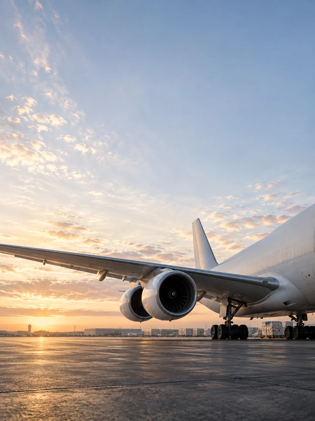 Low perspective under a white freighter wing at dawn, wing diagonal near lower third, soft huge pale sky above, distant airport ground at bottom.
