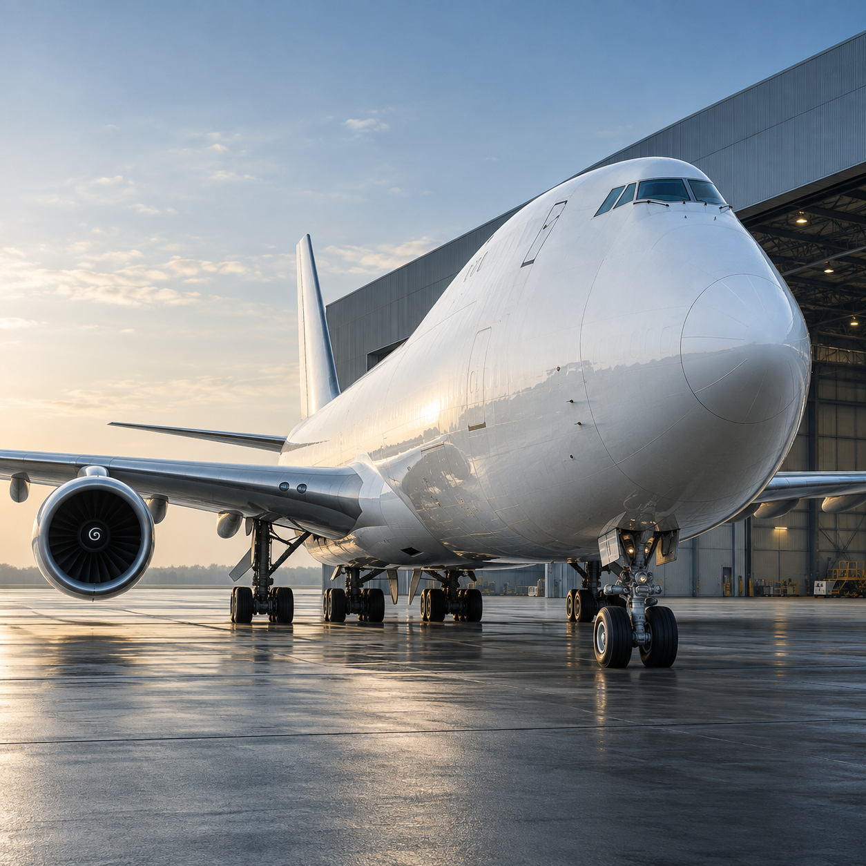 Sculptural cropped white freighter nose seen three-quarter from front, clean blue-gray hangar backdrop, exquisite realistic metal details.