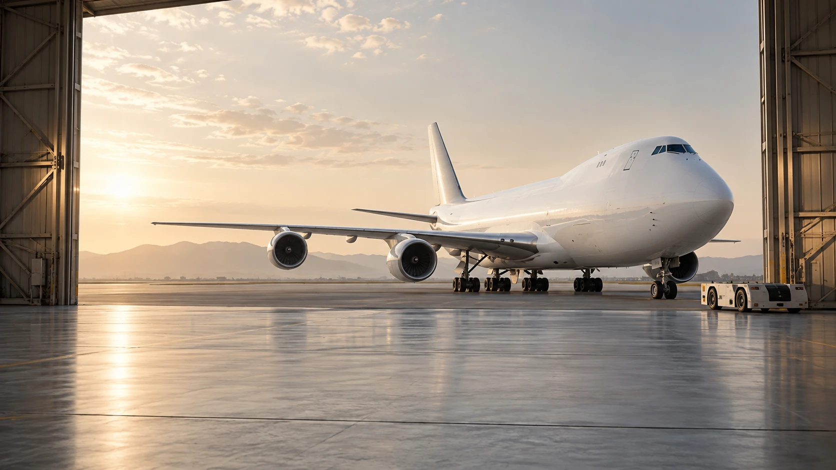 One white cargo aircraft viewed through a monumental open hangar door, warm sand-toned light with silver metal floor, tiny tow tractor at bottom right, no people or text.