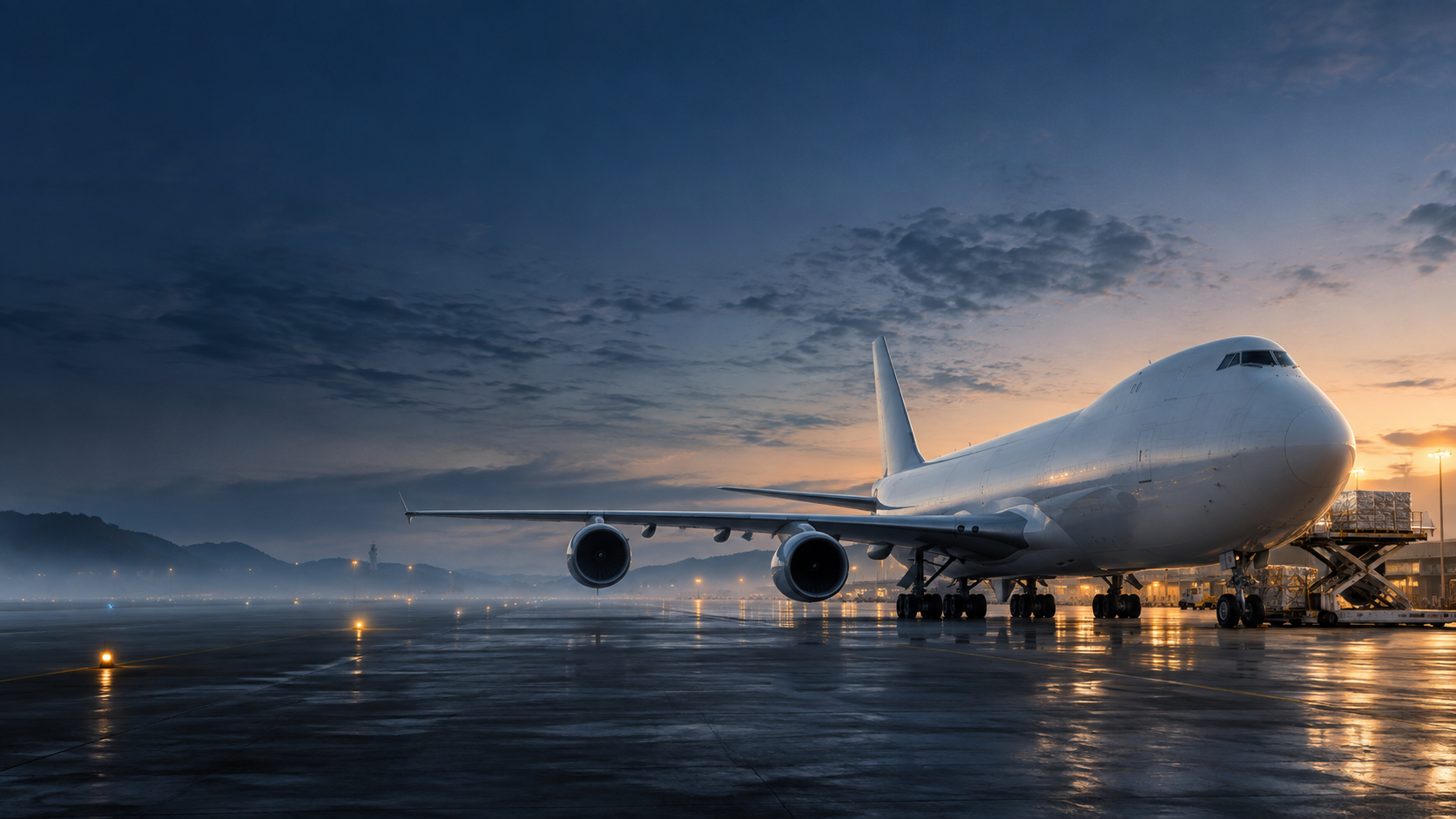 Blue-hour airport apron with unbranded freighter on right, subtle amber taxiway pin lights, soft mist and large empty indigo sky to left.
