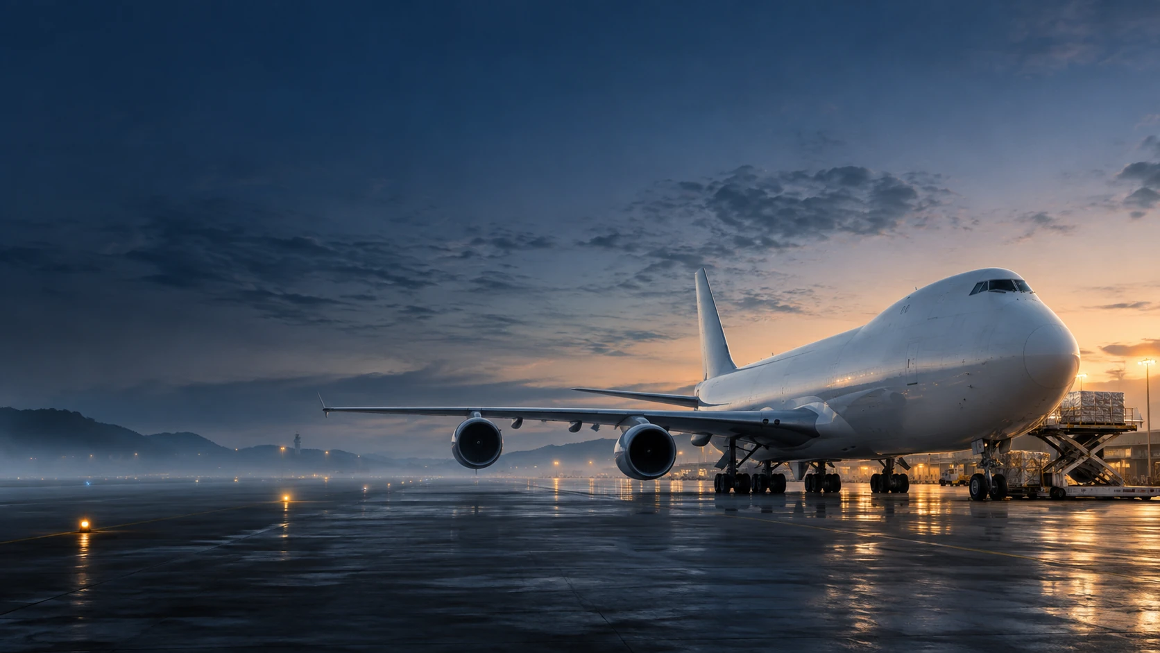 Blue-hour airport apron with unbranded freighter on right, subtle amber taxiway pin lights, soft mist and large empty indigo sky to left.