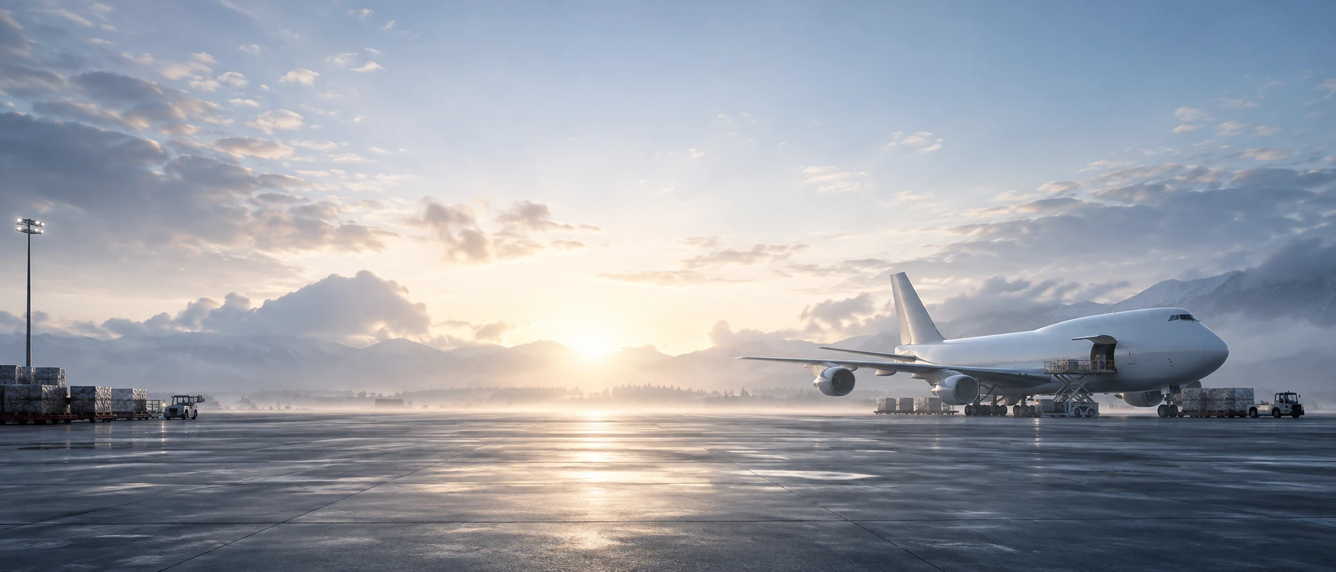 Very wide distant white freighter low on horizon, flanked by tiny ground equipment at outer edges, wide open luminous center, dawn mist in cool ivory blue.