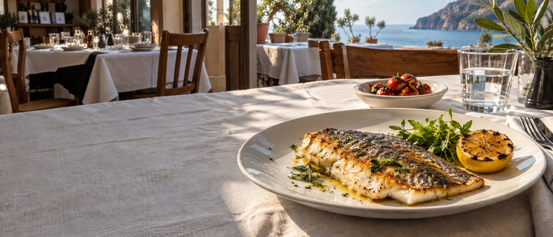 Grilled sea bass and charred lemon on ivory linen beside a sunlit coastal restaurant window.