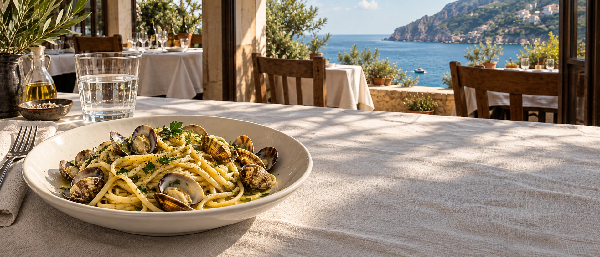 Pasta beside the open window. Cinematic photographic restaurant imagery with natural food and material textures.