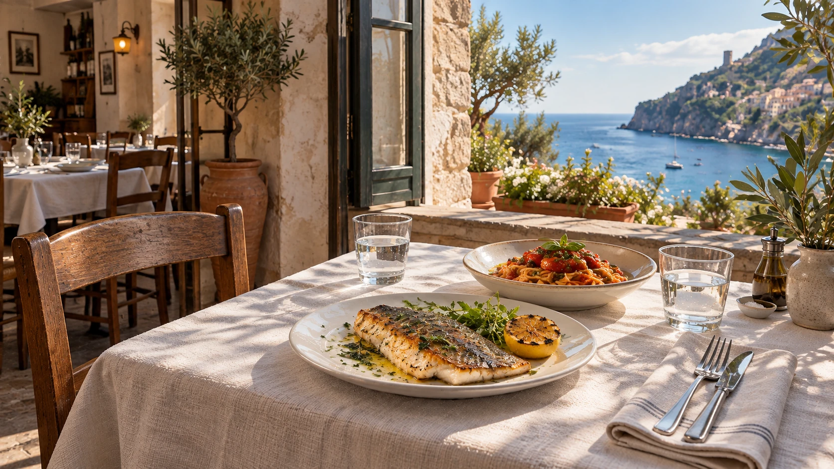A coastal table for two. Cinematic photographic restaurant imagery with natural food and material textures.