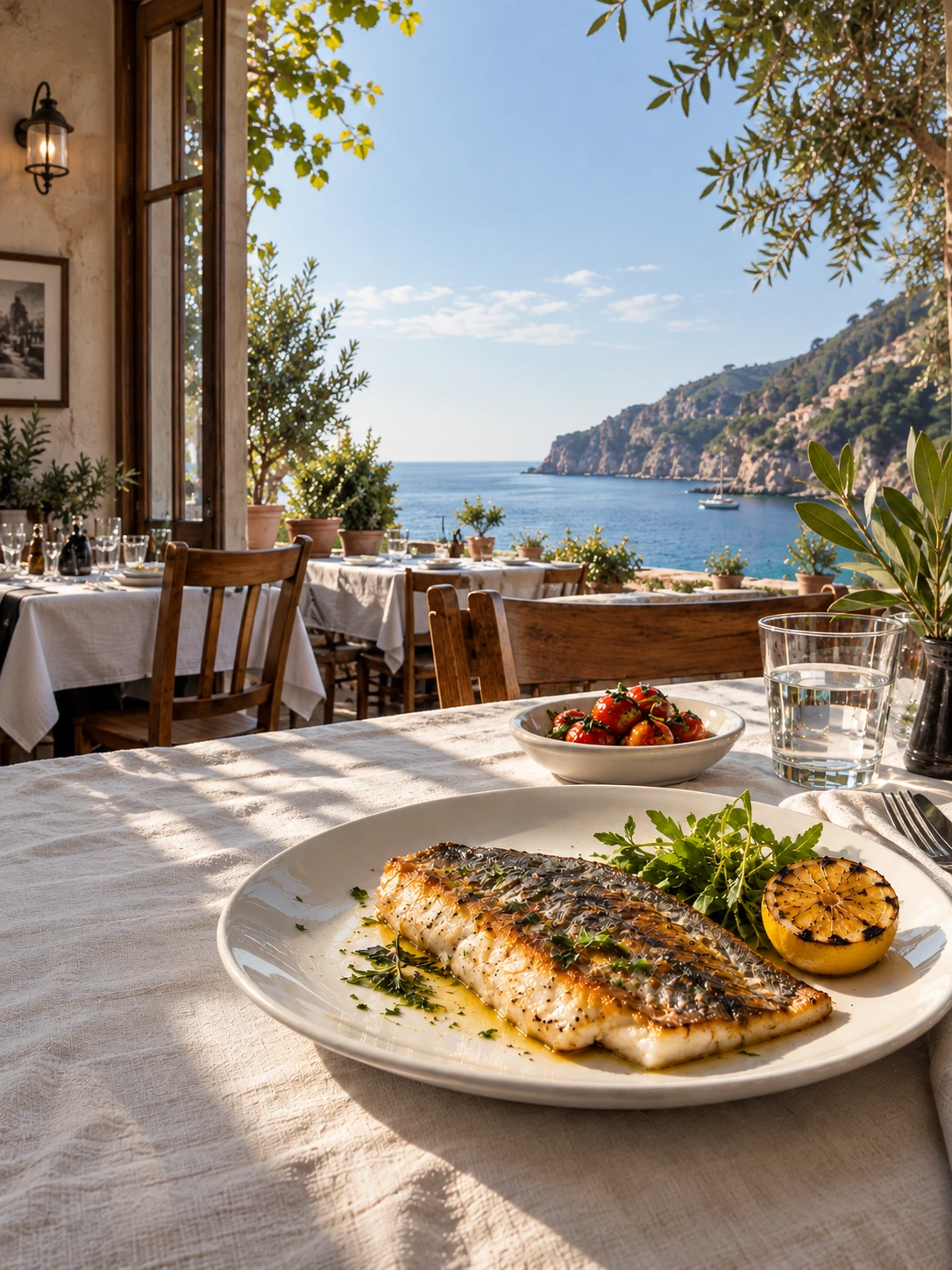 Lunch with a sea view. Cinematic photographic restaurant imagery with natural food and material textures.