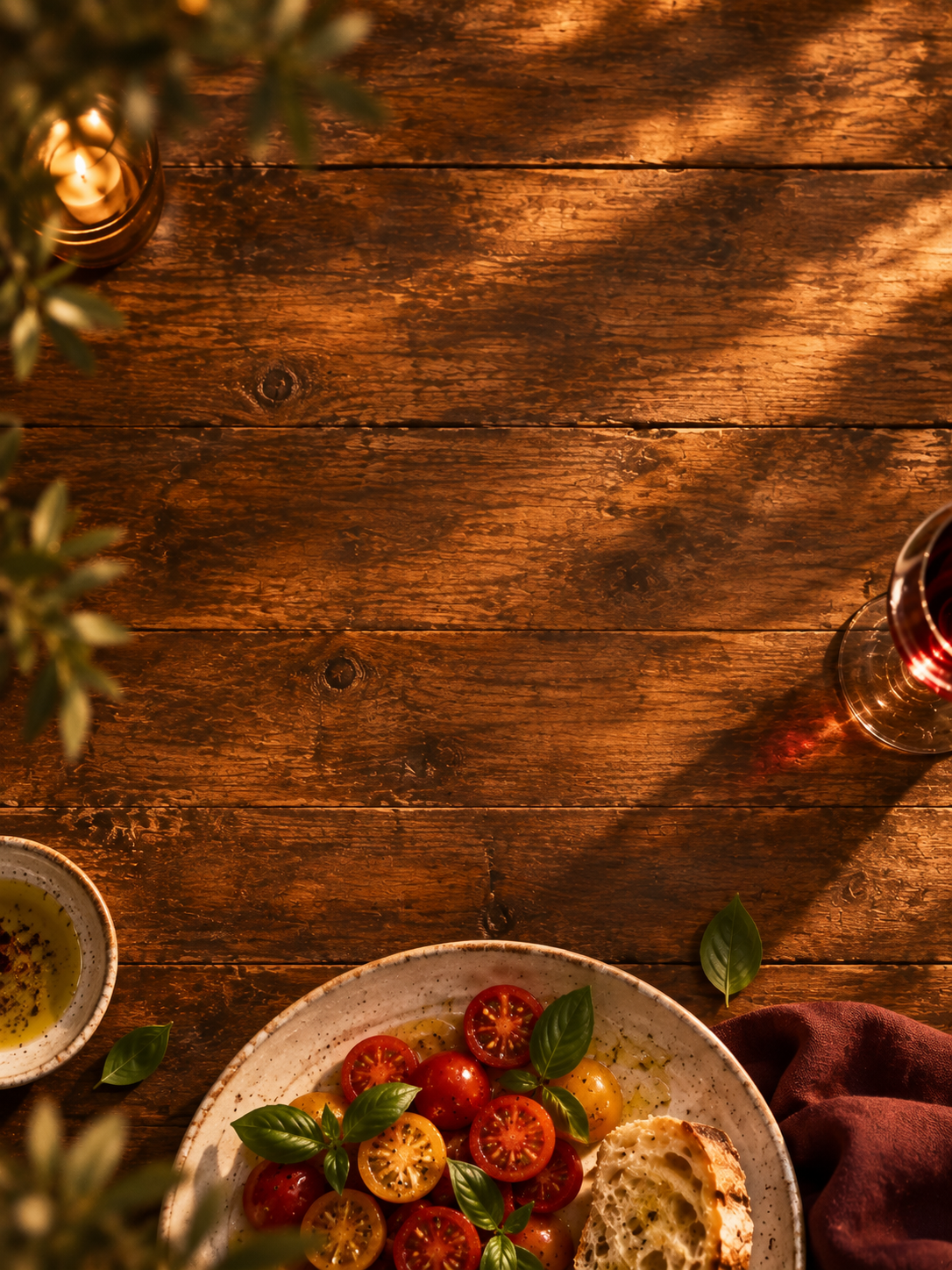 An inviting overhead view of a shared restaurant table. Mobile hero or tall editorial panel.