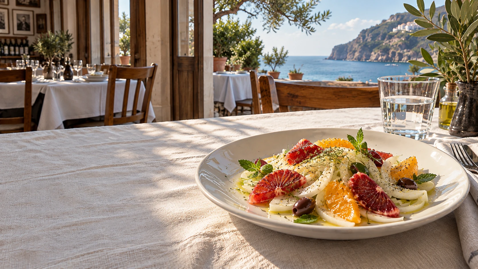 Citrus salad in cool daylight. Cinematic photographic restaurant imagery with natural food and material textures.