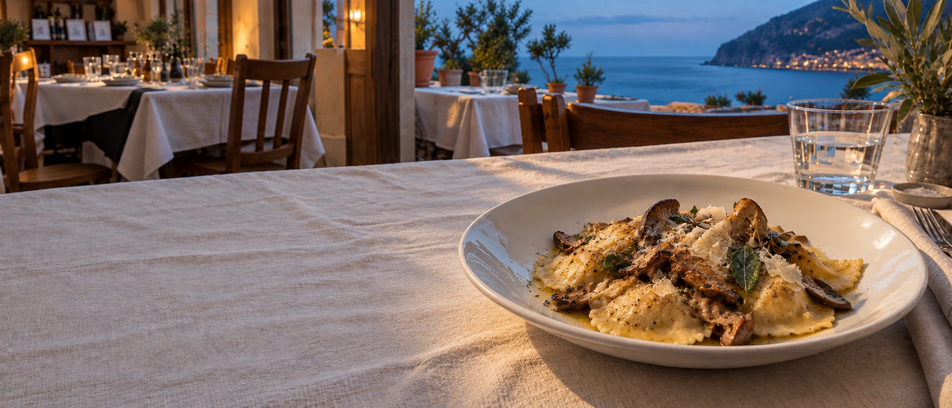 Dinner as the coast turns blue. Cinematic photographic restaurant imagery with natural food and material textures.
