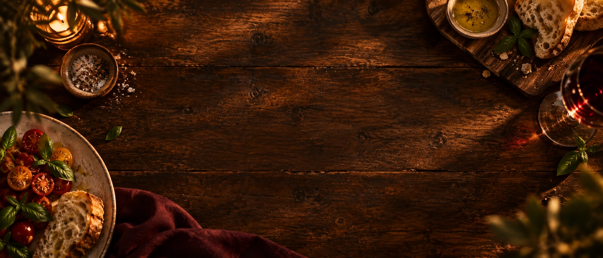An inviting overhead view of a shared restaurant table. Dark section or closing banner.