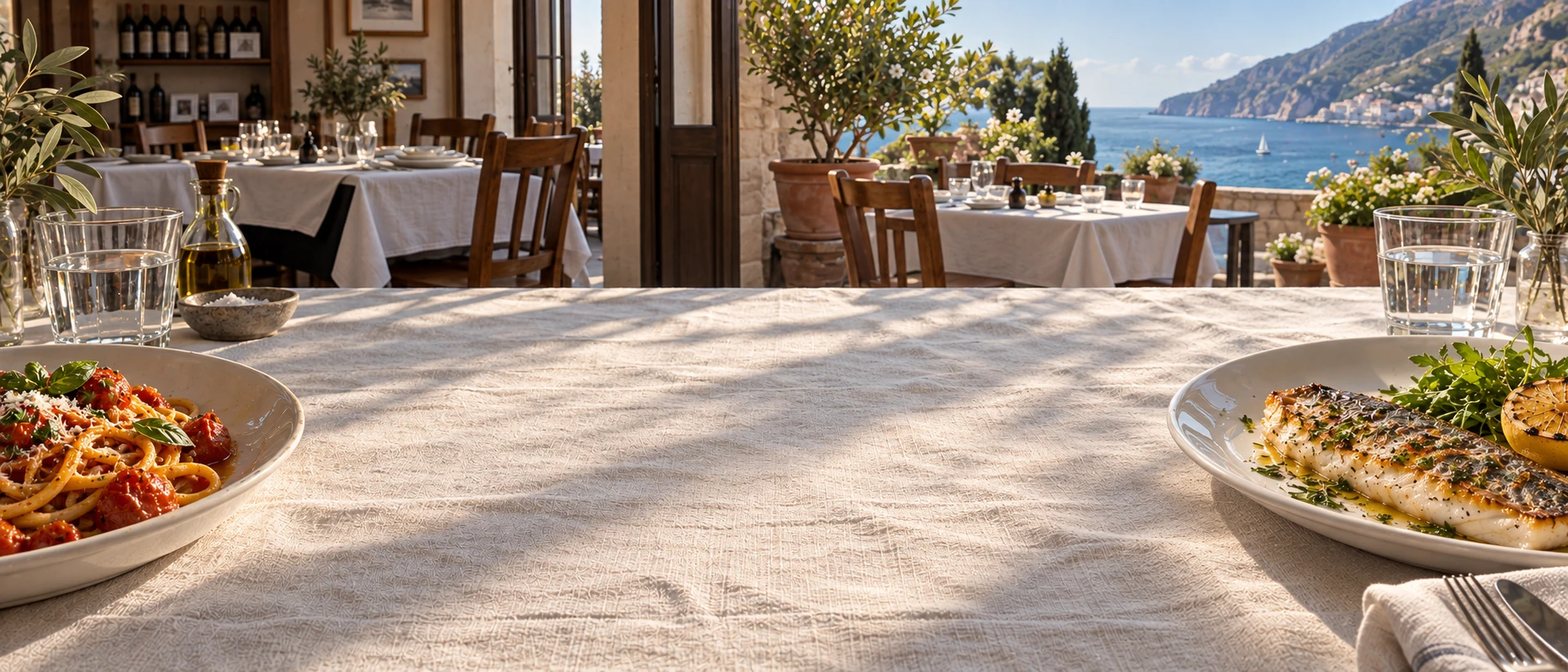 A place at the table. Cinematic photographic restaurant imagery with natural food and material textures.