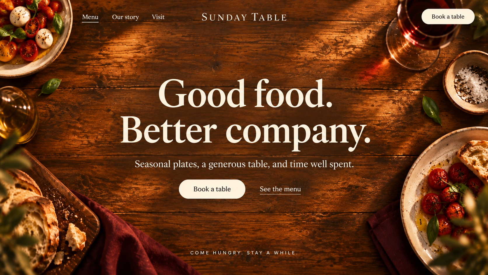 Sunday Table · Neighborhood restaurant. Static website hero mockup using Around the table imagery.