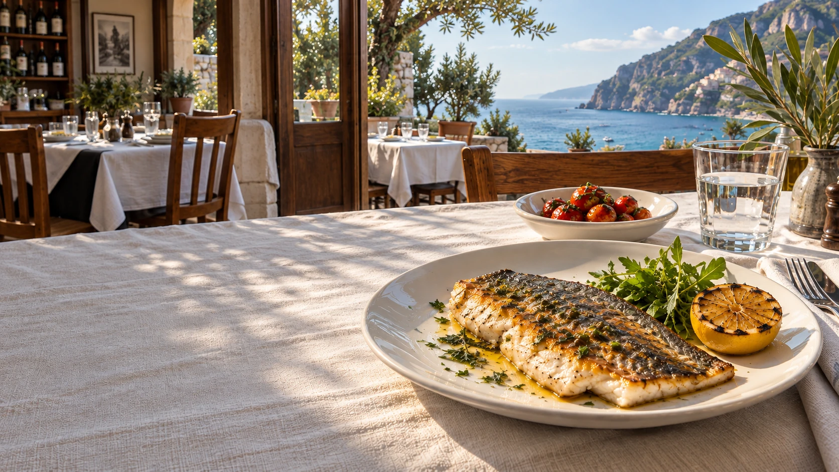 Coastal lunch in afternoon light. Cinematic photographic restaurant imagery with natural food and material textures.