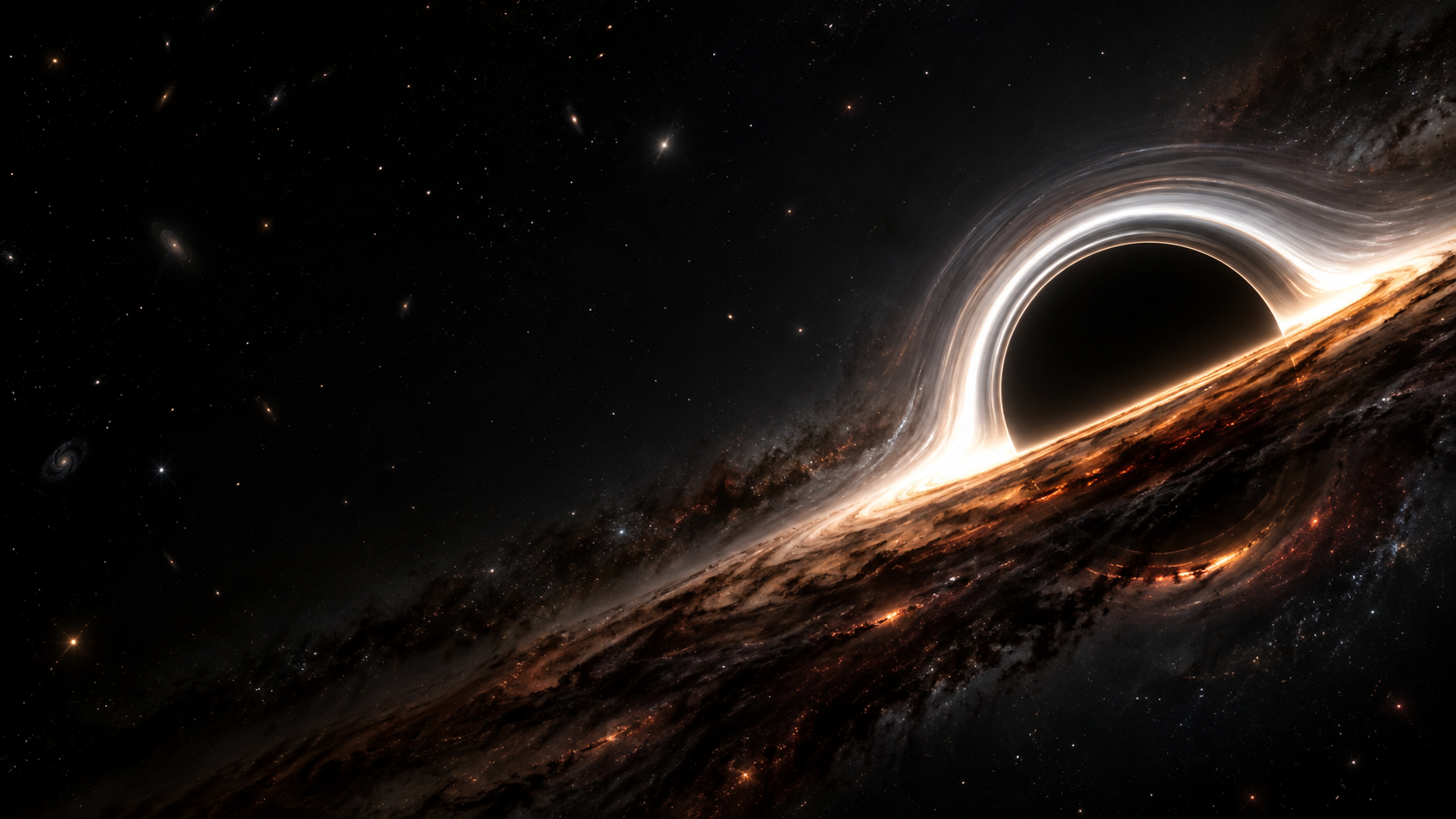 An enormous edge-on accretion disk cuts across the lower right of black space, a fine white-hot arc bending over its dark center.