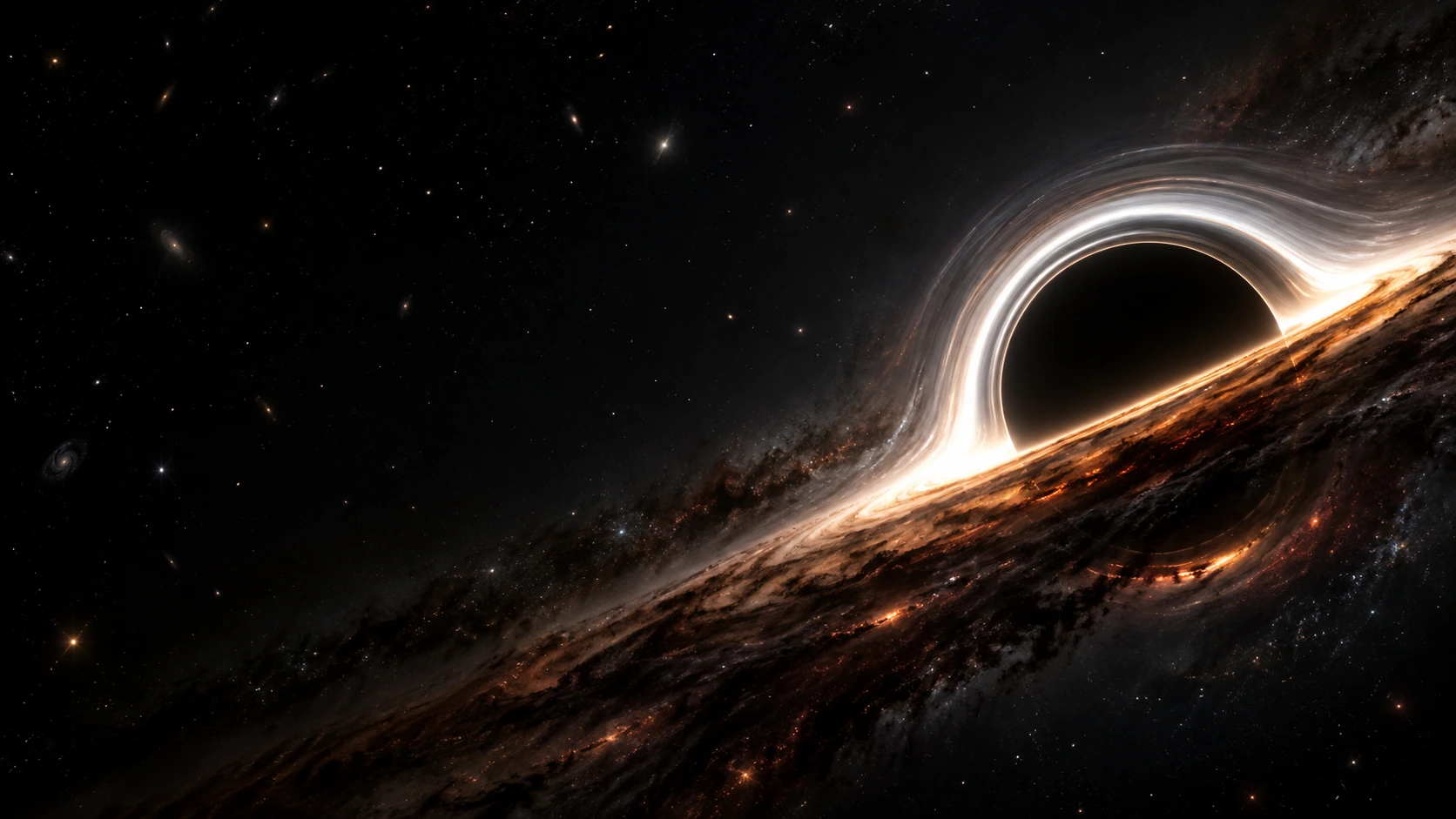 An enormous edge-on accretion disk cuts across the lower right of black space, a fine white-hot arc bending over its dark center.