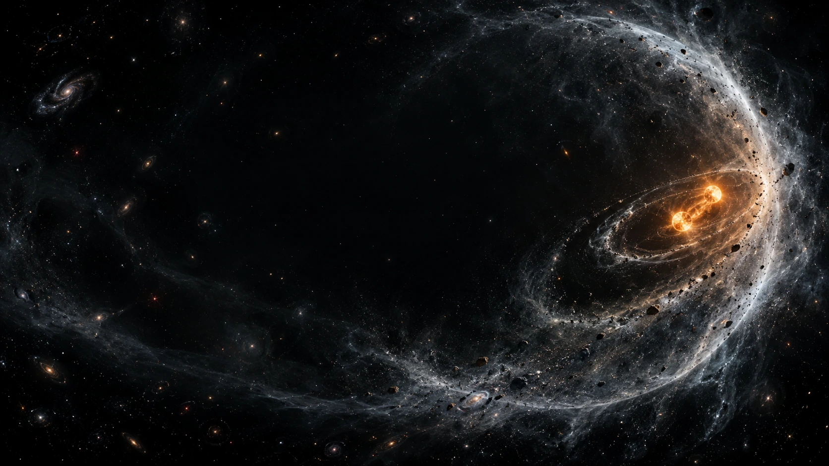 Two tiny orange stellar cores orbit inside a vast translucent shell of silvery dust, clustered at the right edge.