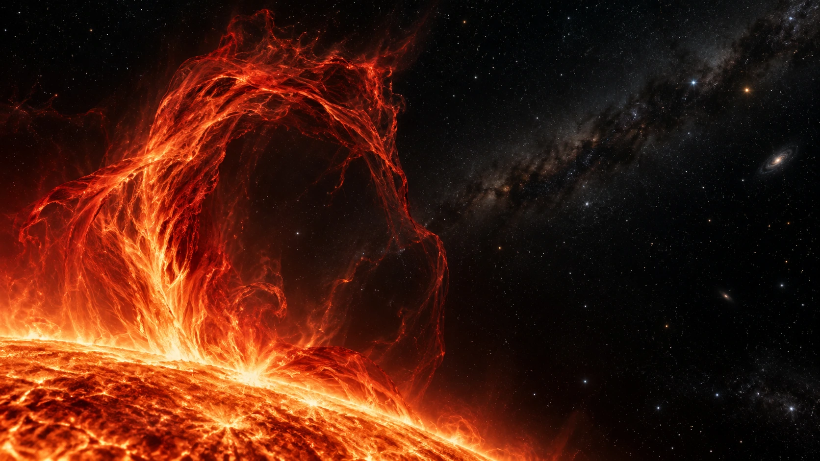 A single intricate incandescent red solar filament rises off a sun just beyond the bottom edge, its fine tendrils sharply detailed.