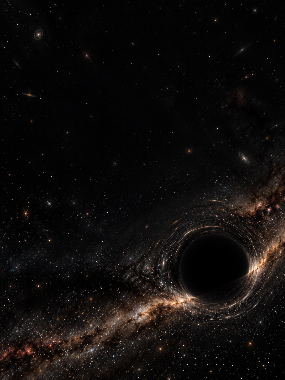 An almost invisible black sphere distorts a thin field of distant white stars near the lower right, subtly bending their light.