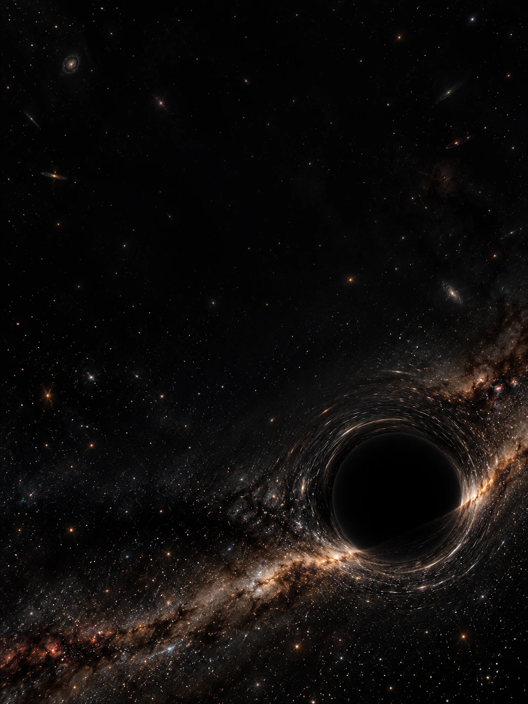 An almost invisible black sphere distorts a thin field of distant white stars near the lower right, subtly bending their light.