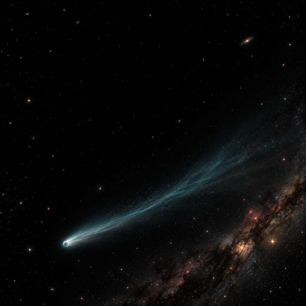 A small icy comet trails a long, hair-fine turquoise vapor tail diagonally through an otherwise near-empty black field.