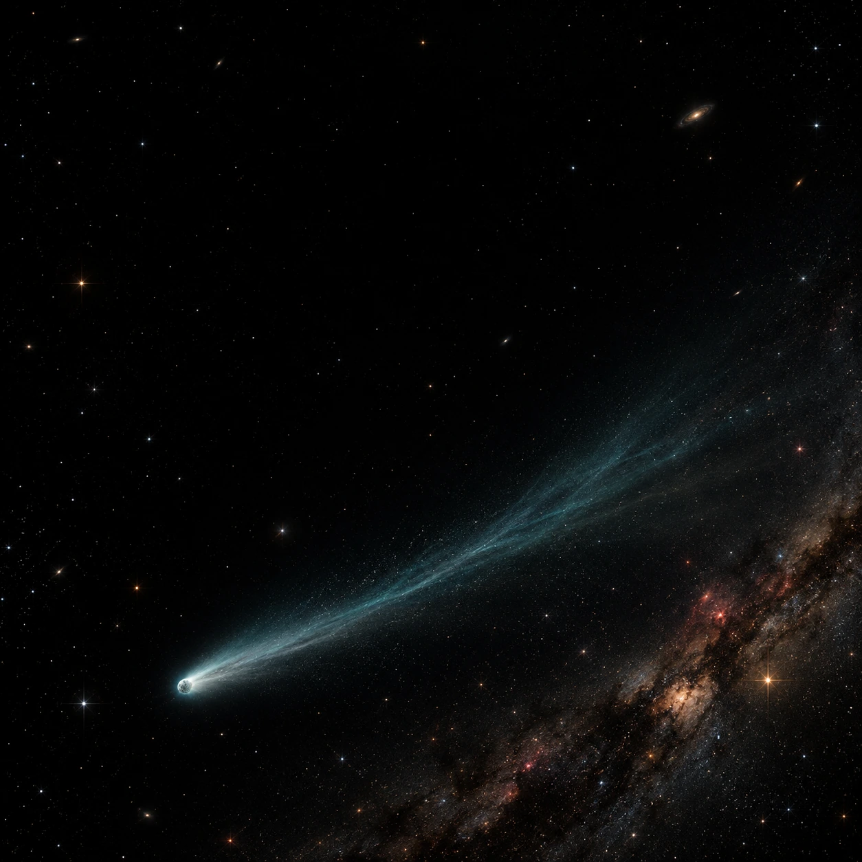 A small icy comet trails a long, hair-fine turquoise vapor tail diagonally through an otherwise near-empty black field.