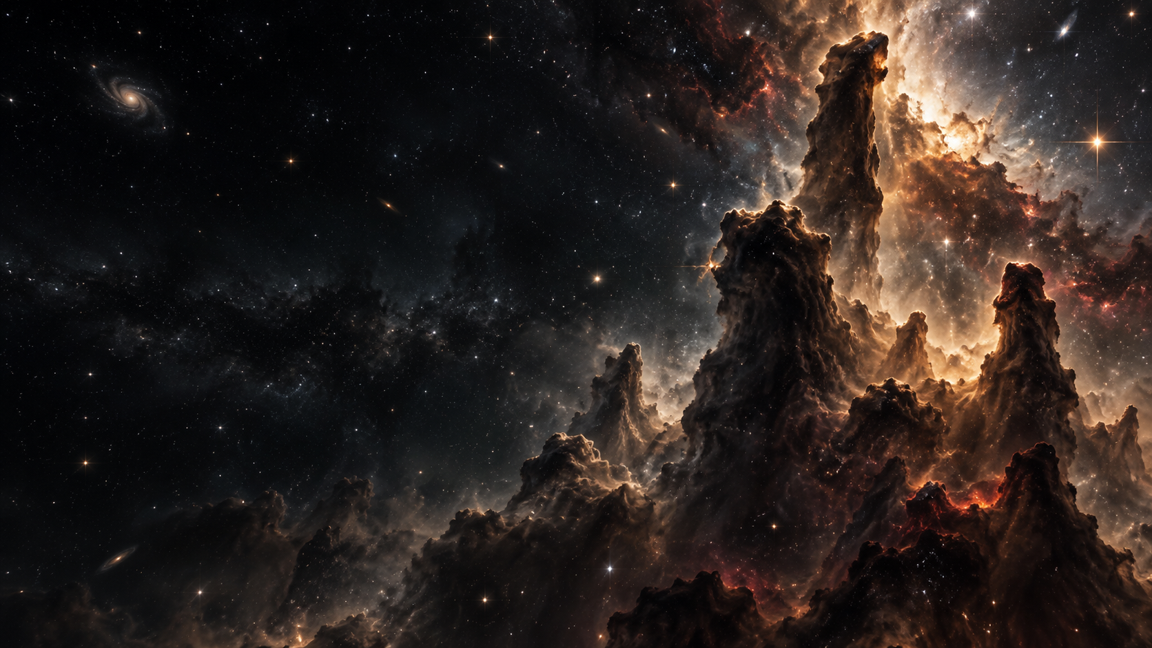 Towering sculpted pillars of dark interstellar dust rise from the bottom, narrow warm highlights outlining their vast forms.