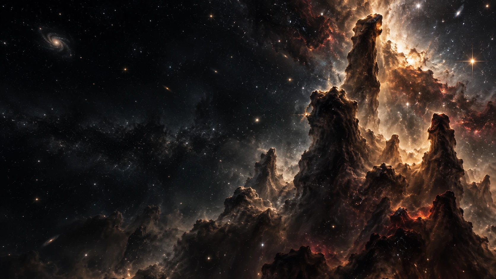 Towering sculpted pillars of dark interstellar dust rise from the bottom, narrow warm highlights outlining their vast forms.