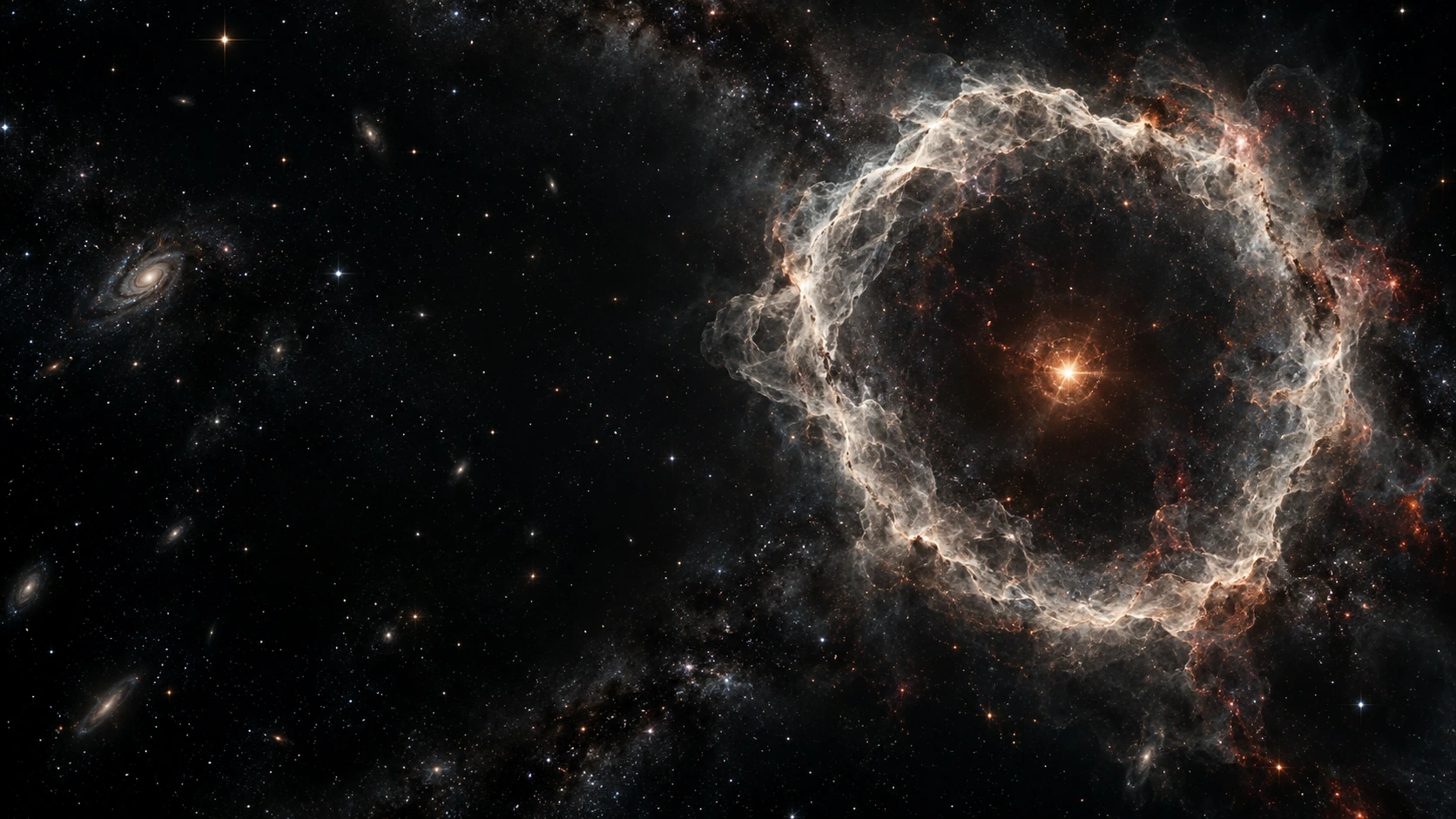 A delicate expanding ivory supernova shell like a fine smoke ring floats off-center on charcoal space, with an ember at its heart.