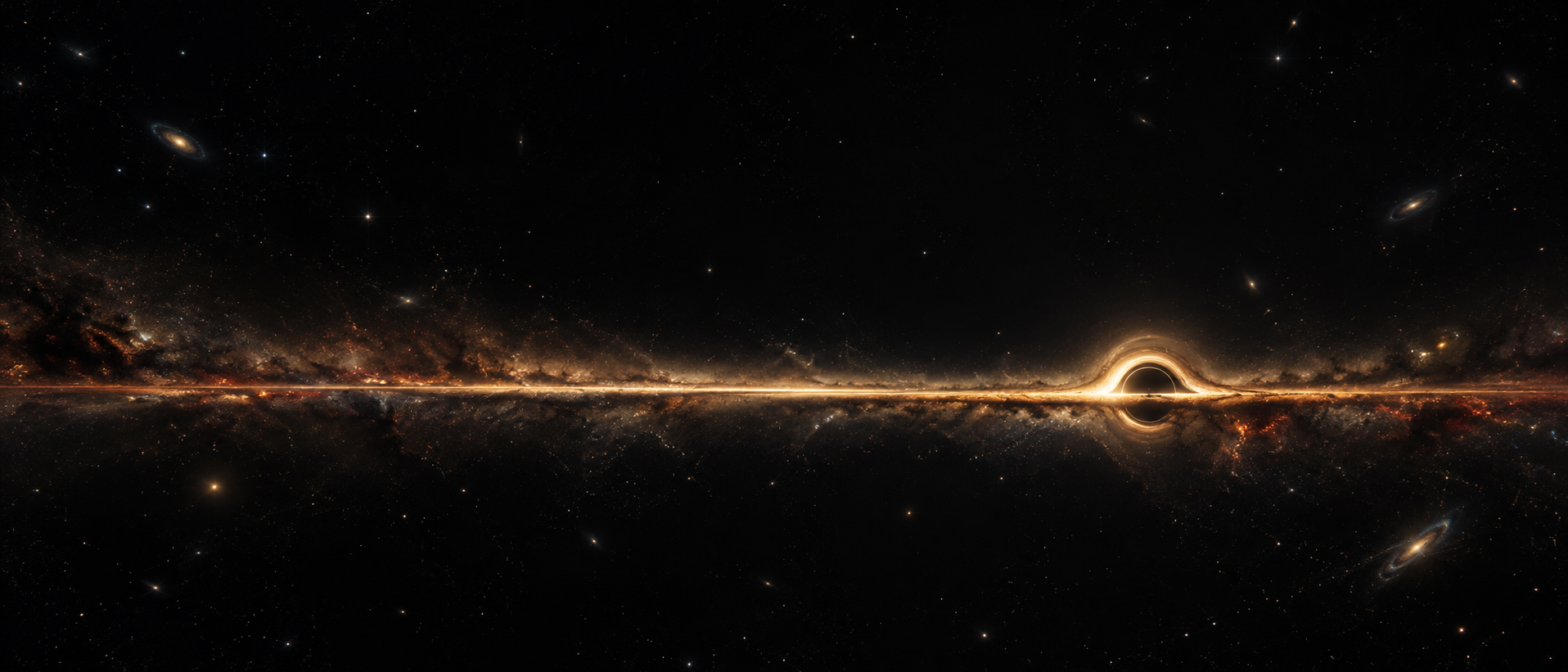 An extreme panoramic edge-on view of a razor-thin gold accretion plane, its central lensing arc small and offset right.