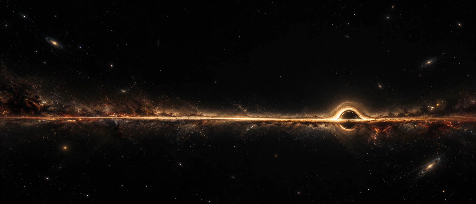 An extreme panoramic edge-on view of a razor-thin gold accretion plane, its central lensing arc small and offset right.