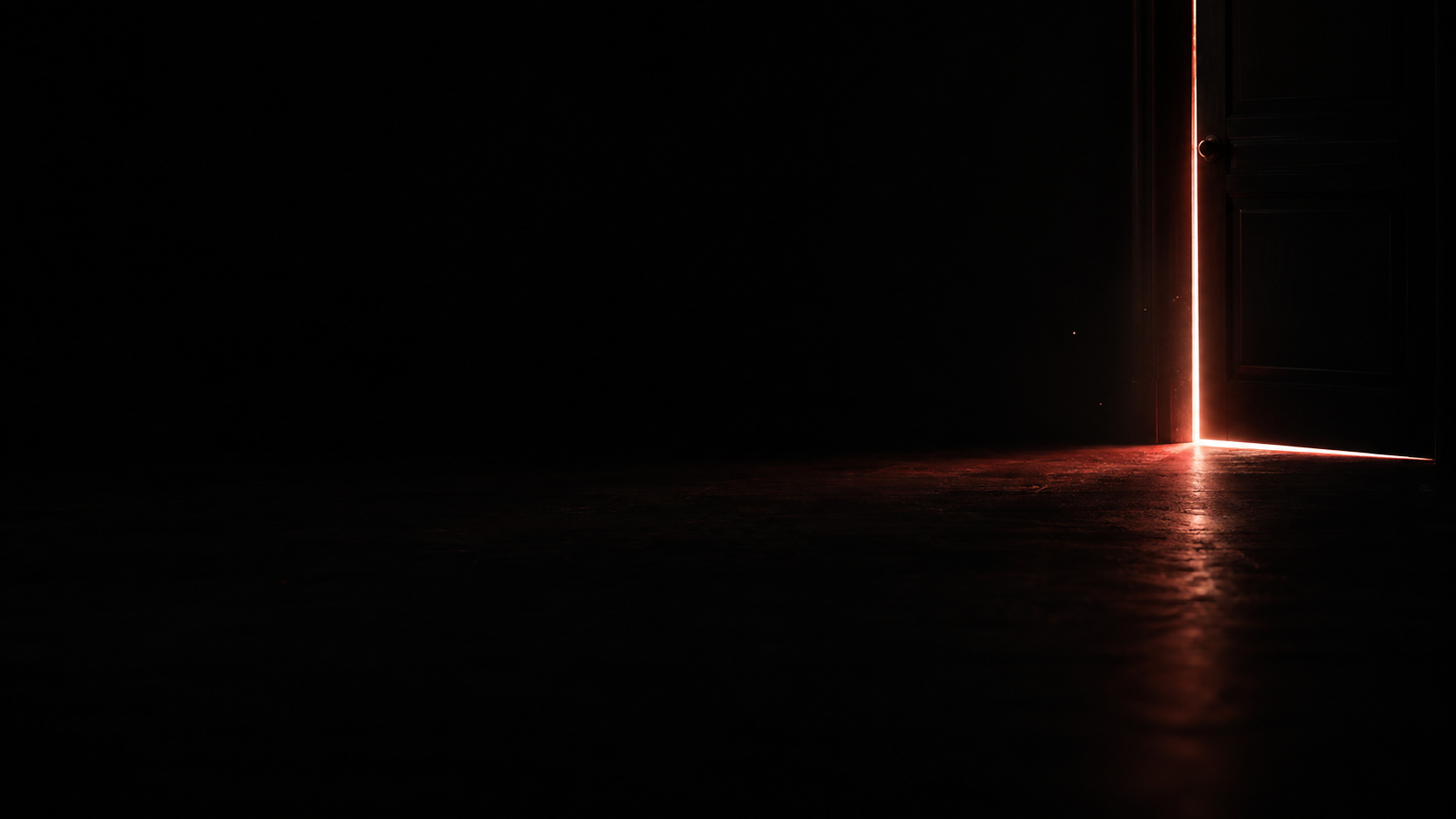 A dark doorway at the far right leaks a fine red-white line of light at its base, two tiny dust sparkles, vast black negative space.