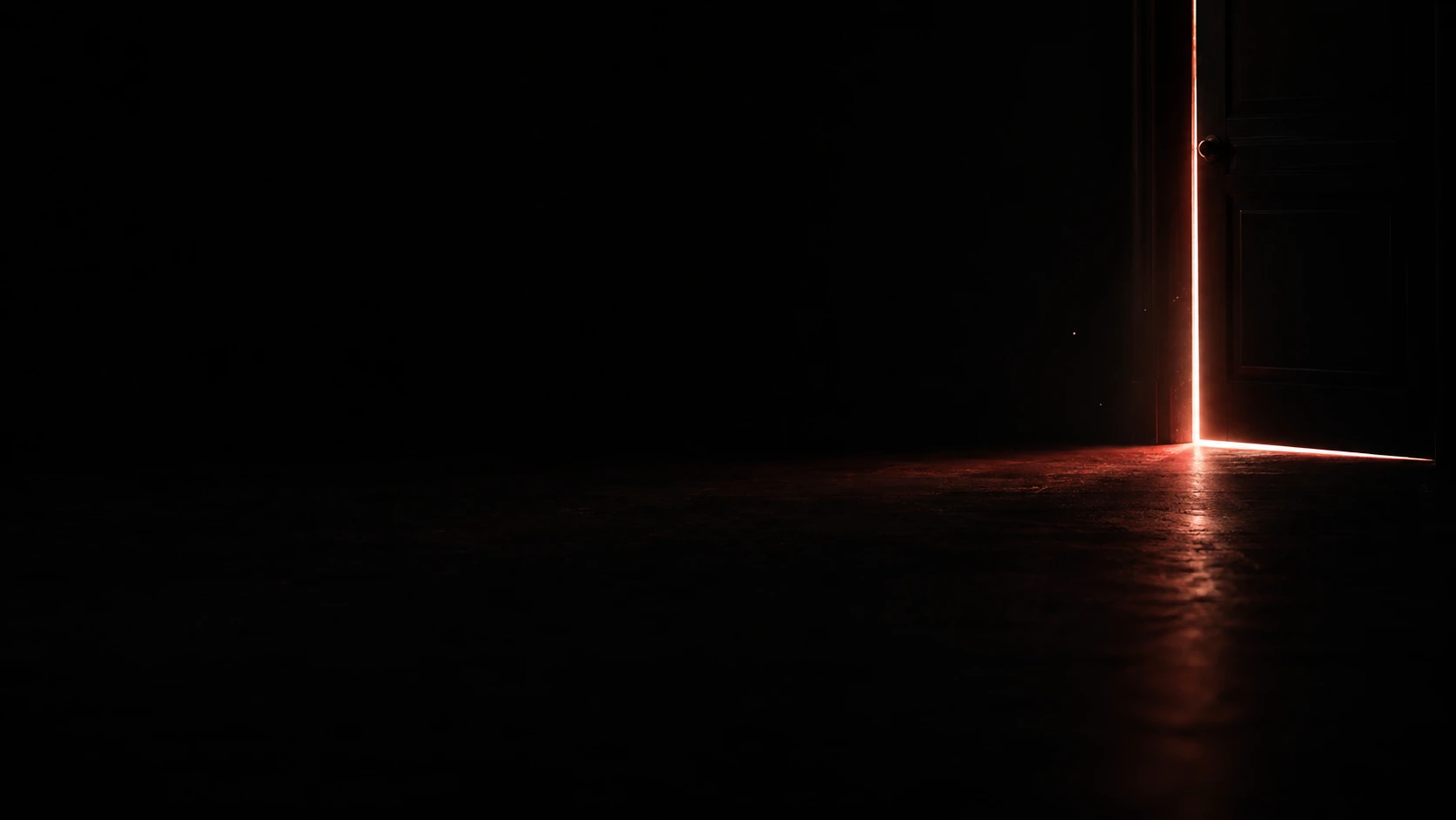 A dark doorway at the far right leaks a fine red-white line of light at its base, two tiny dust sparkles, vast black negative space.