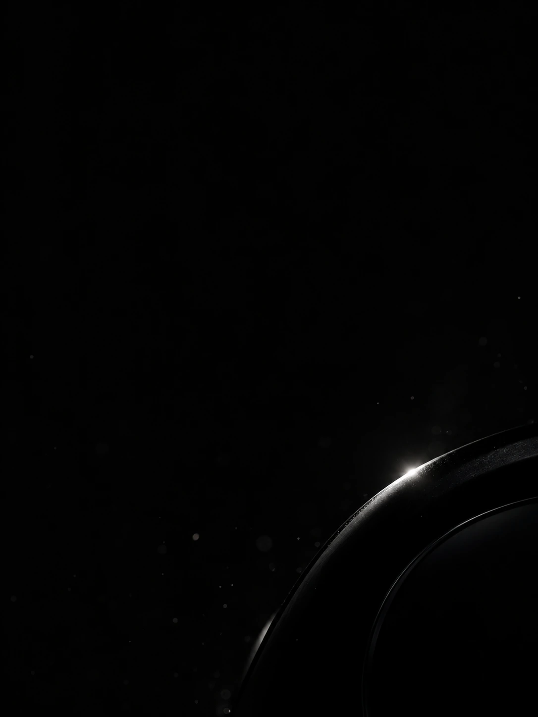 One tiny brilliant white specular glint on an almost invisible black metal curve near the lower right, barely visible scattered dust.
