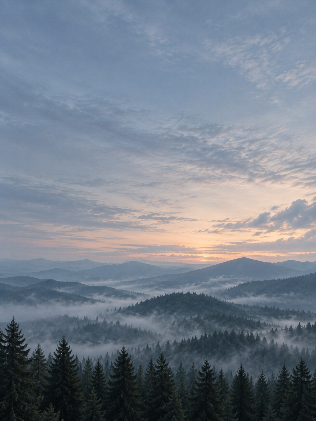 Layered mountain ridges fading into the distance. Mobile hero or tall editorial panel.