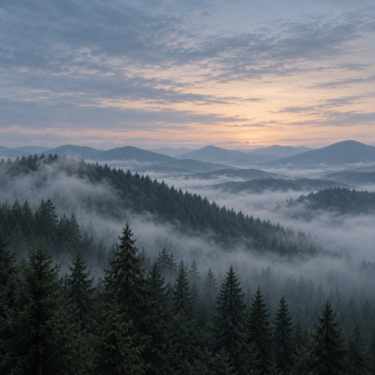Layered mountain ridges fading into the distance. Service, journal or feature card.