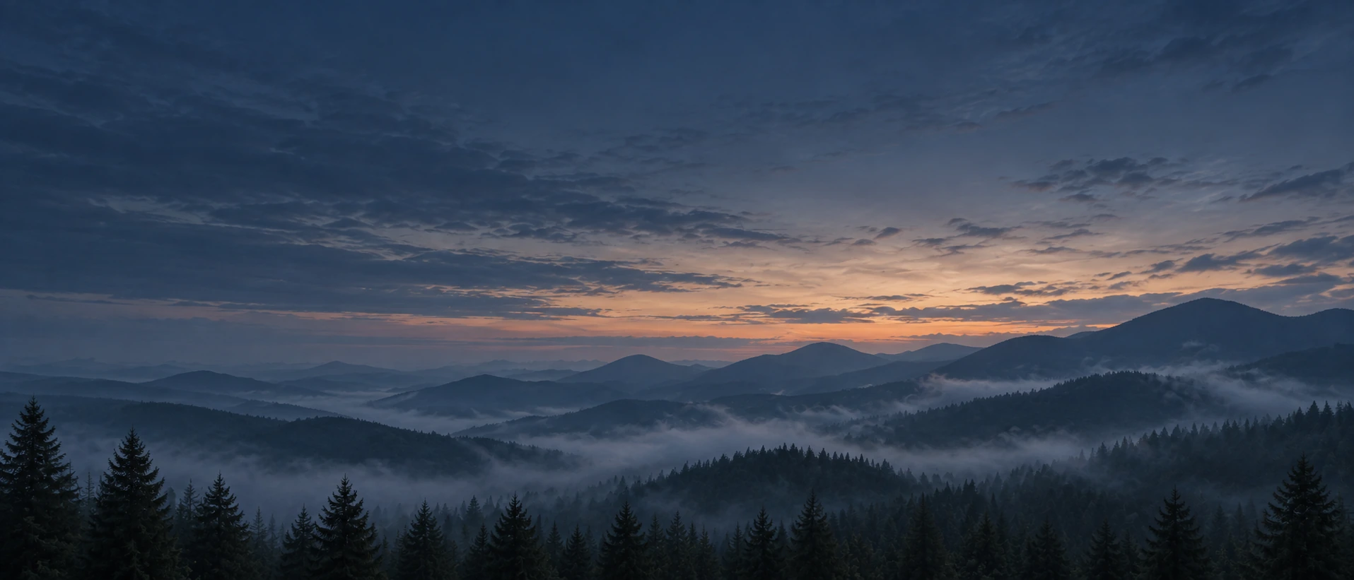 Layered mountain ridges fading into the distance. Dark section or closing banner.