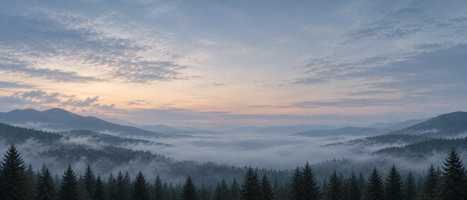 Layered mountain ridges fading into the distance. Closing call-to-action or signup section.