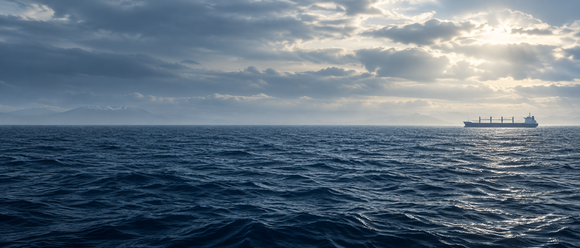 Broadside of a small distant cargo vessel on the far right horizon under luminous layered silver cloud, bottom two thirds uninterrupted deep blue water, left empty for copy.