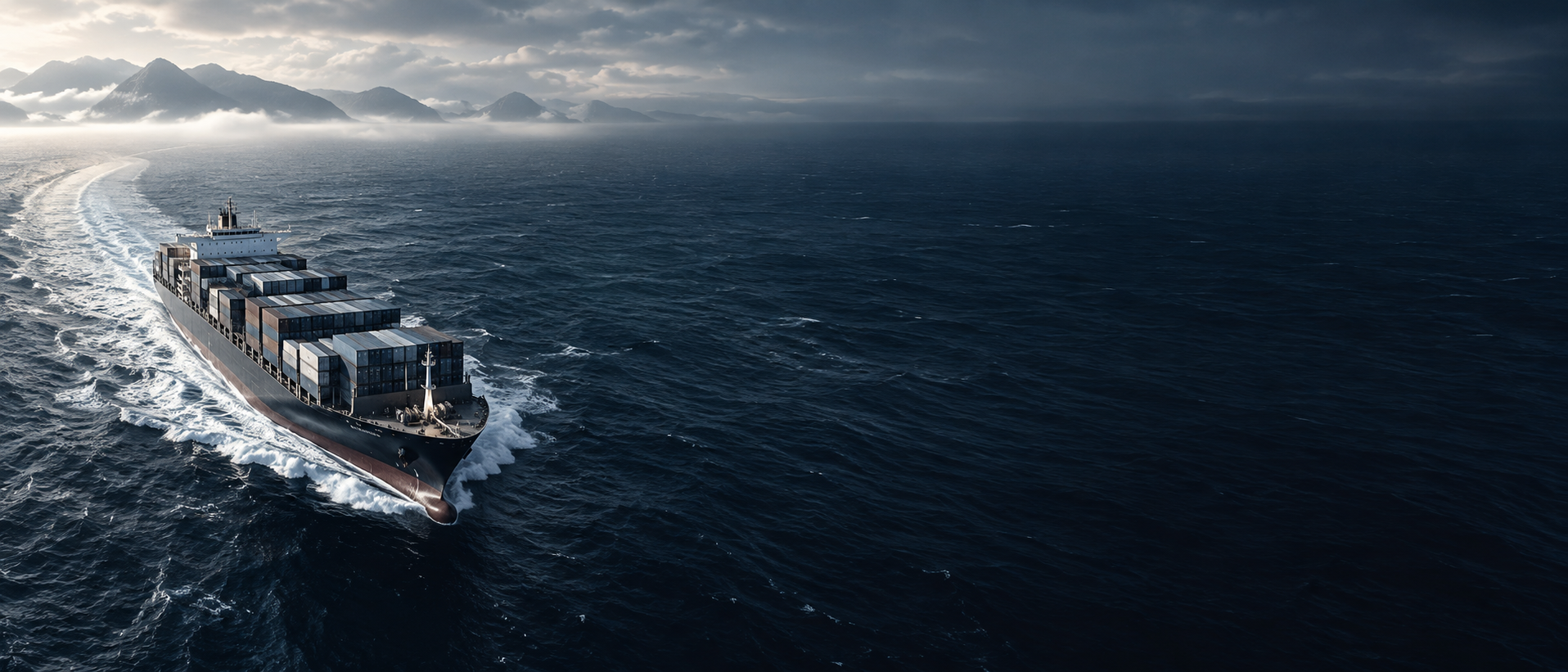 A working container vessel approaching from the far LEFT in oblique aerial view, luminous narrow wake curling toward left edge, right 60 percent clean midnight ocean for text.