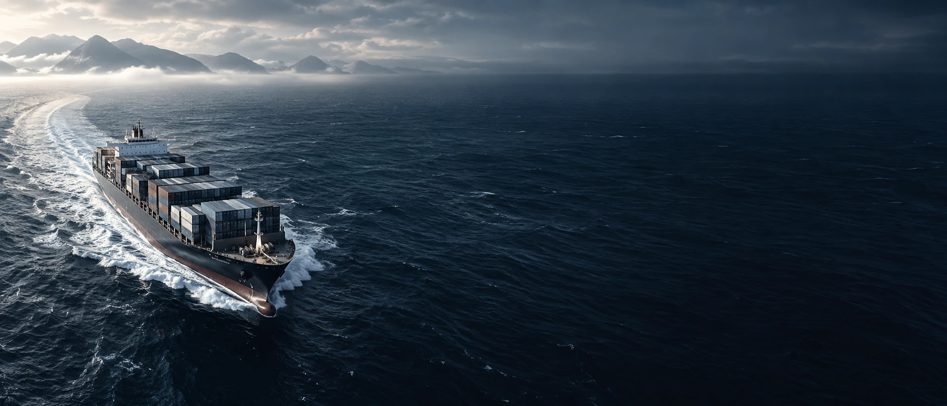 A working container vessel approaching from the far LEFT in oblique aerial view, luminous narrow wake curling toward left edge, right 60 percent clean midnight ocean for text.