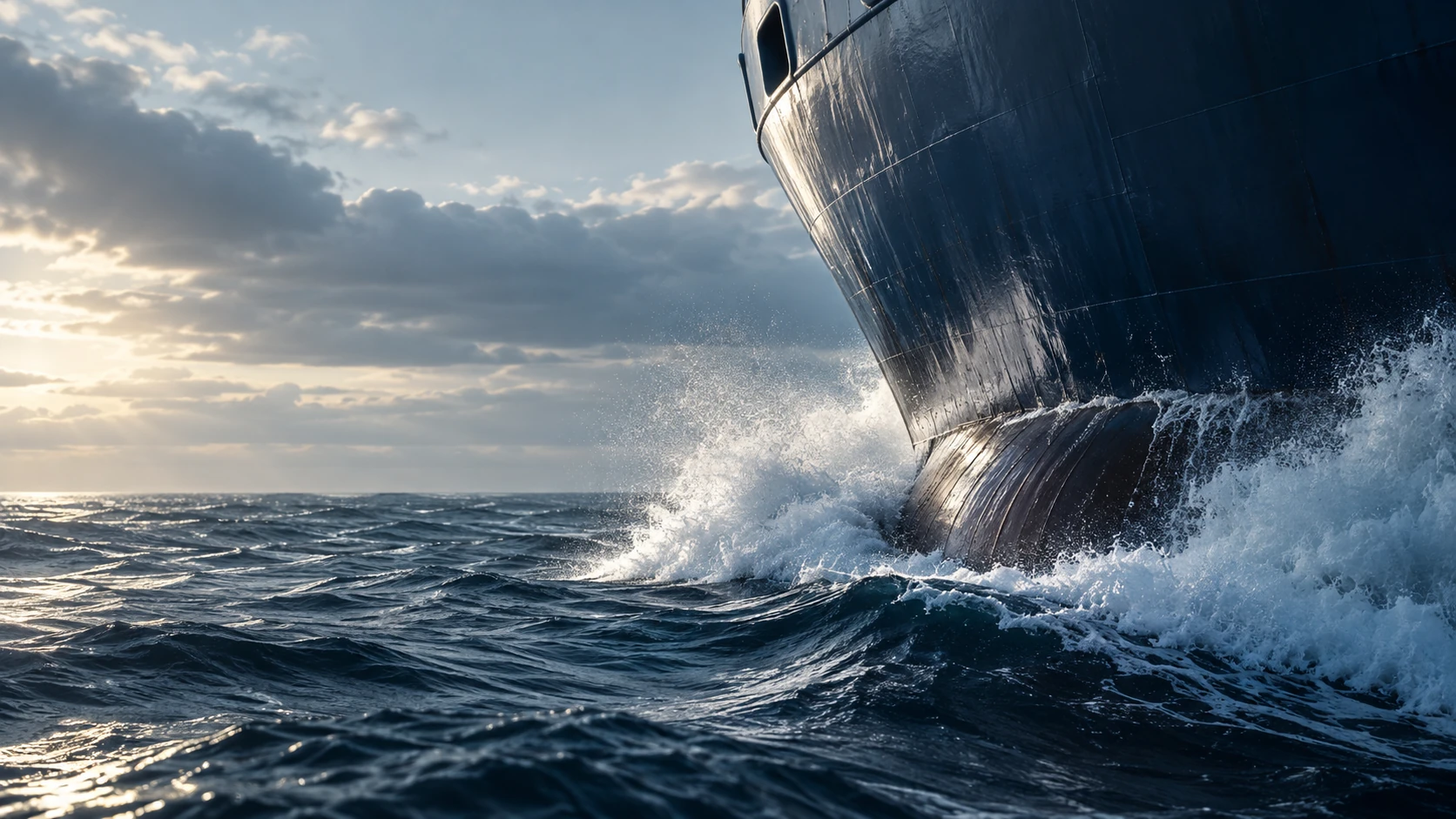 Intimate oblique detail of a cargo ship bow slicing dark ocean, curved dark blue hull cropped on right, fine white spray and steel textures, no readable markings.