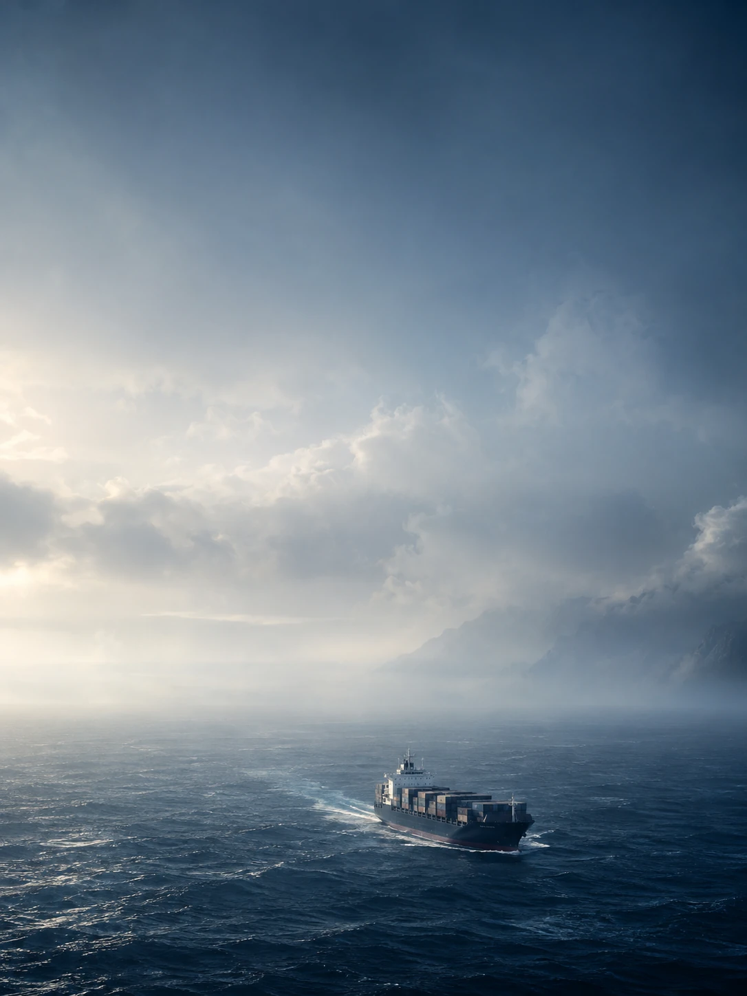 A distant cargo vessel near the bottom below a huge vertical expanse of silver-blue marine haze and midnight ocean, calm clean upper half for mobile headline.