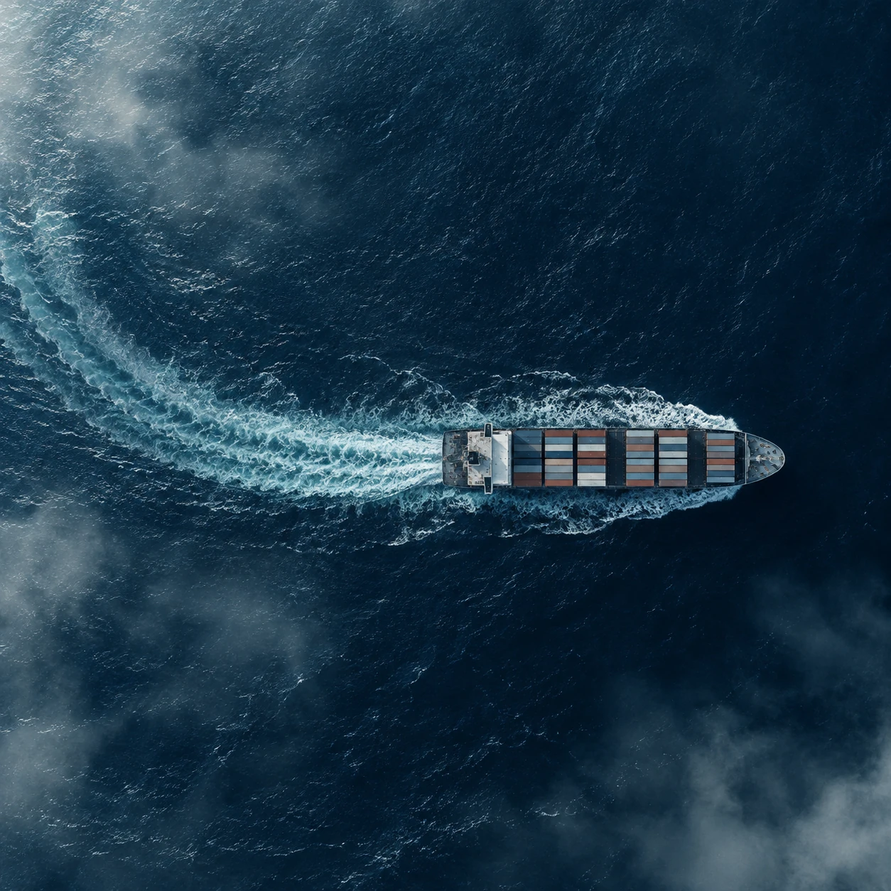 Perfect overhead view of a tiny container ship crossing a navy ocean, sculptural curved wake, ample balanced surrounding water.