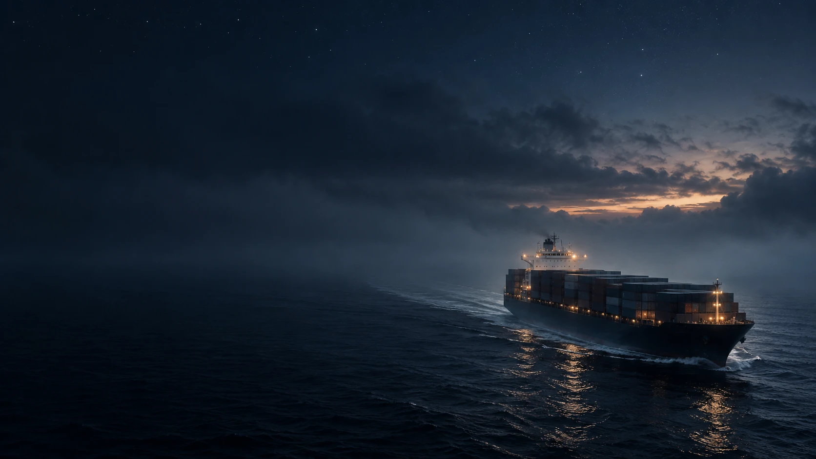 Container ship at dusk low on right, a few warm deck lights through deep navy fog, long dim wake, dark clear left half, subtle restrained stars.
